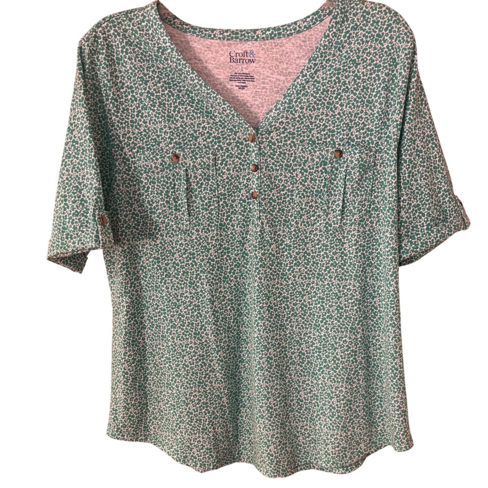 Croft & Barrow Henley Button Green Floral Print‎ Short Sleeve Blouse Large EUC
